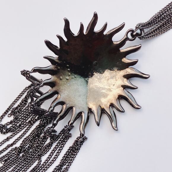 Rhinestone Sunburst Statement Necklace and Chain Fringe Gunmetal Jewelry - Picture 8 of 11